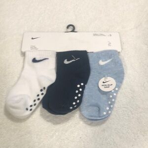 Nike Infant Socks Trio in White, Navy, and Light Blue
